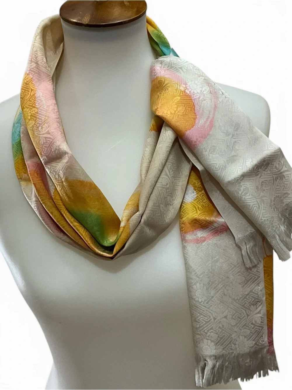 Vintage 100% Silk Scarf Japan Abstract Mod Jacquard Oblong Colorful